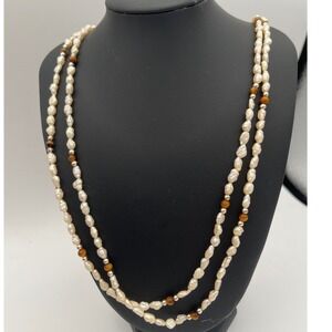 Vtg Rice Pearl Tiger Eye Beaded 2-Strand 18" Necklace silver tone clasp‎